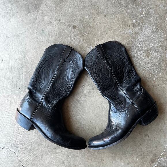 LUCCHESE COWBOY BOOTS 1883 MENS BLACK LEATHER WESTERN EXOTIC SMOOTH HANDMADE - Picture 1 of 6
